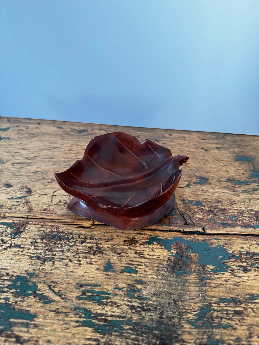 Carved Leaf Trinket Dish - Rich Mahogany Brown